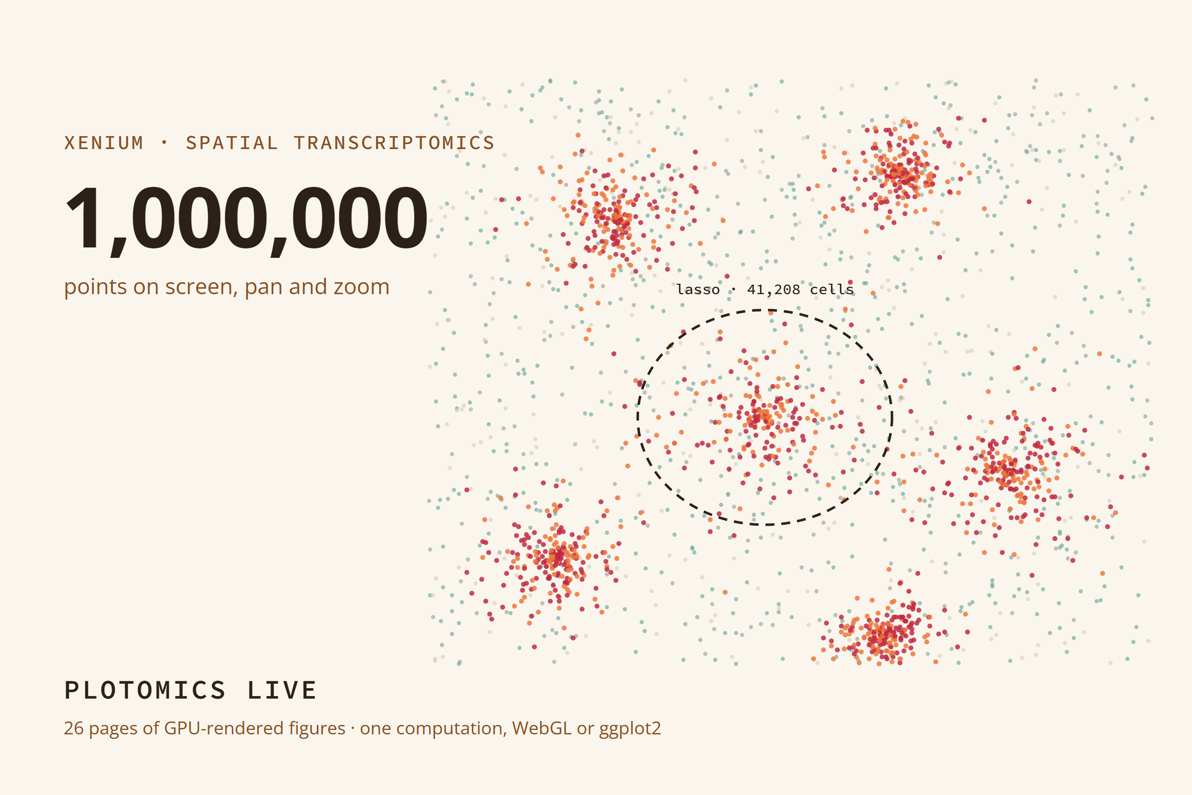 A Xenium point cloud of a million cells, with one cluster lassoed