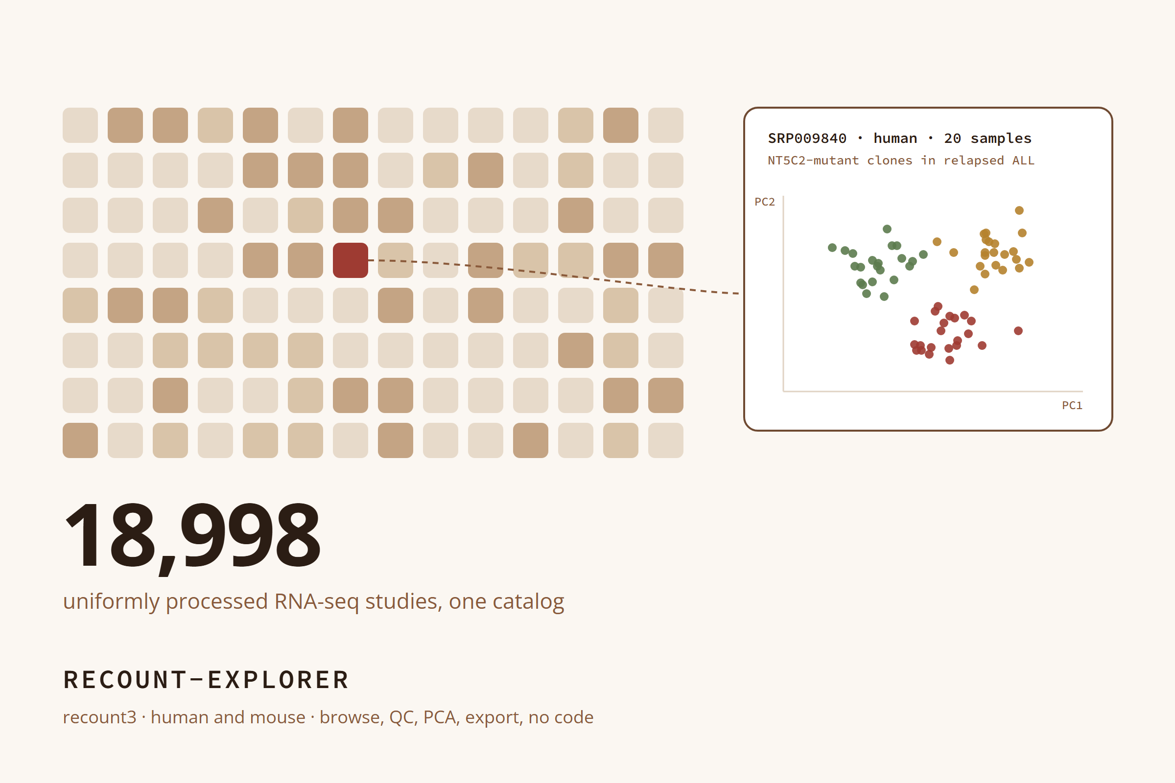 A grid of 18,998 recount3 studies, with one opened into a PCA